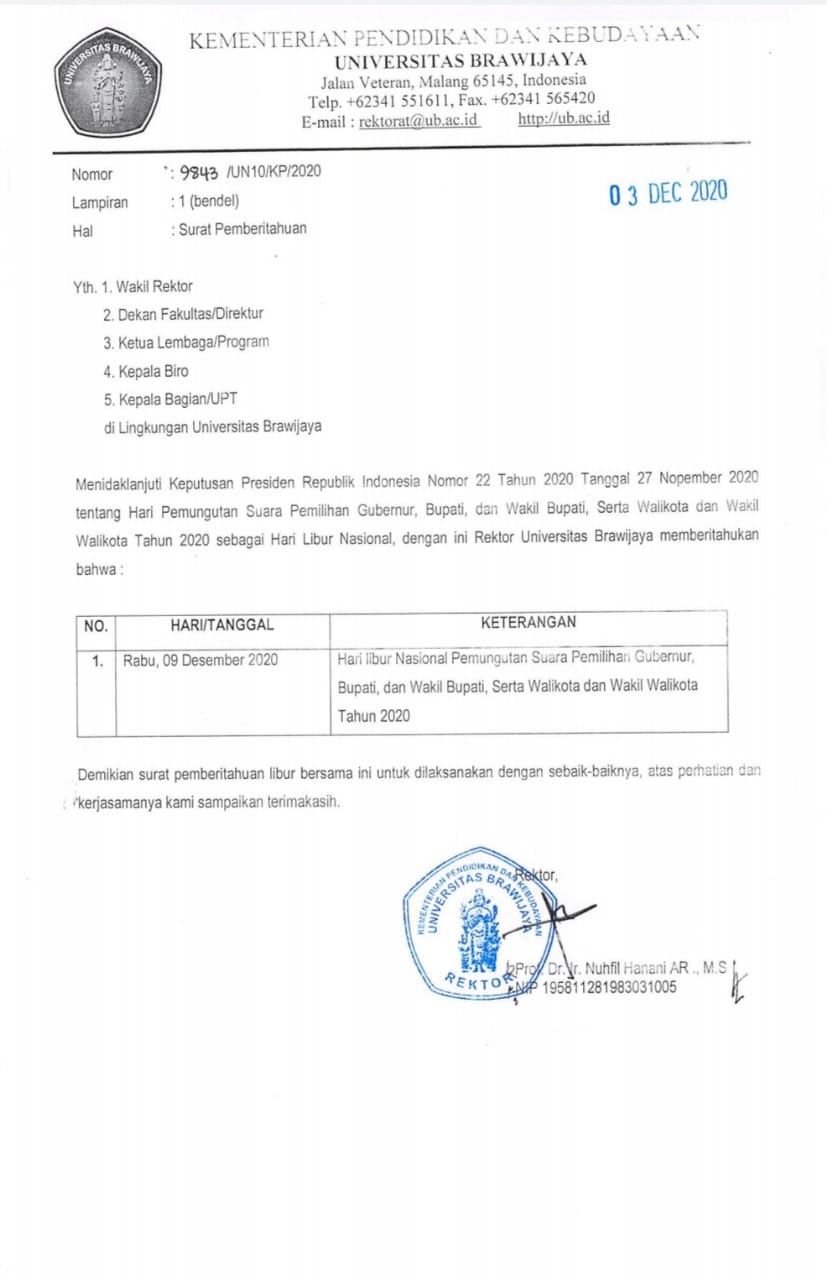 Surat Pemberitahuan Libur Nasional Pemungutan Suara Pascasarjana Universitas Brawijaya